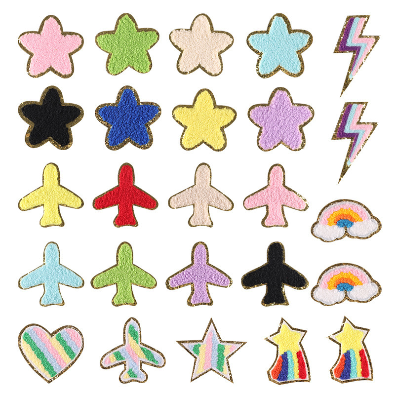 Cute Chenille Embroidered Patches Clouds Lightning Airplane Love